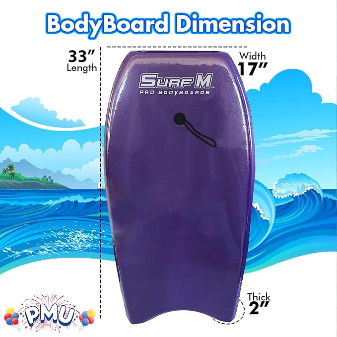 PMU 33 Inch Purple Bodyboard - Lightweight Wrist Leash, Slick Bottom Boards for Beach, Sea & Pool - Surfing Board for Kids, Teens & Adults Wave Conditions Pkg/1