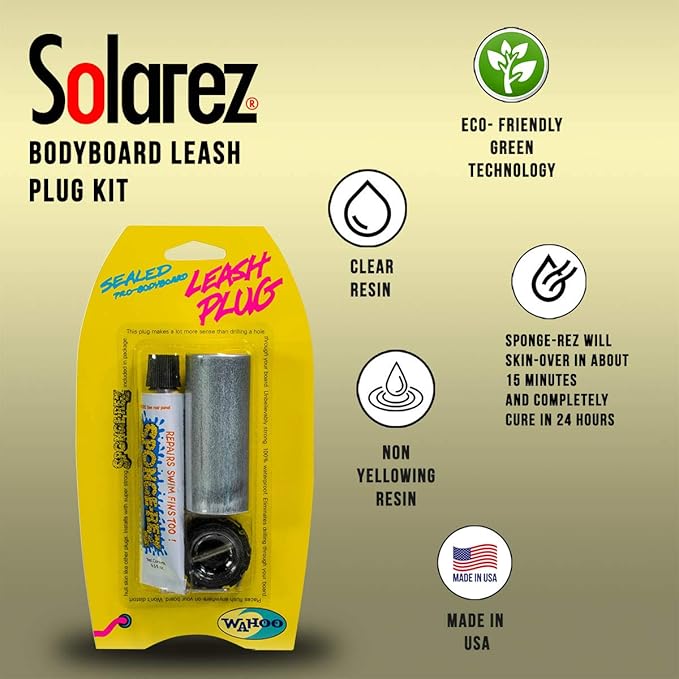 Solarez Wahoo Sponge-REZ Bodyboard Leash Plug KIT ~ Includes Sponge-Rez, for Soft Boards, Sail Boards, ABS-PVC Deck Plugs. Don't Drill a Hole in Your Board! ~ Not for use on EPS! - Made in USA