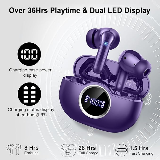 Bluetooth 5.4 Earbuds, 2025 Wireless Headphones Hi-Fi Stereo Ear Buds, 4 ENC Noise Cancelling Mic, 40+Hrs USB-C in-Ear Earphone, IP-X7 Waterproof Sport Workout Gym for Laptop Pad Android iOS