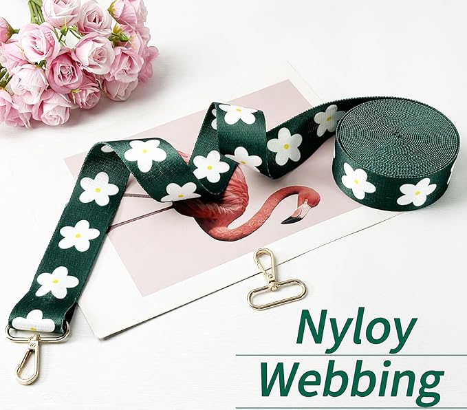 Printed Flower Nylon Webbing with Buckle 1 1/2 inch 6 Yards Deep Green Thick Patterned Fabric Webbing Luggage Handle Jacquard Ribbon for Backpack Bags-Seatbelt-Clothing-Sewing-DIY Crafts & Projects