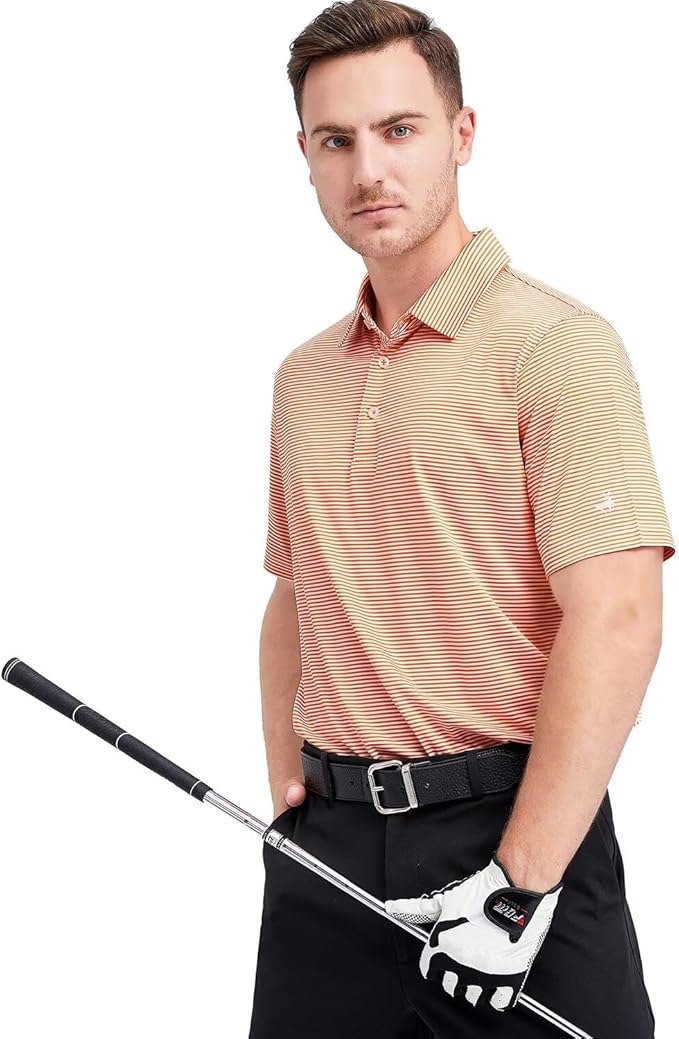 Mens Golf Shirt Moisture Wicking Dry Fit Performance Sport Short Sleeve Striped Golf Polo Shirts for Men