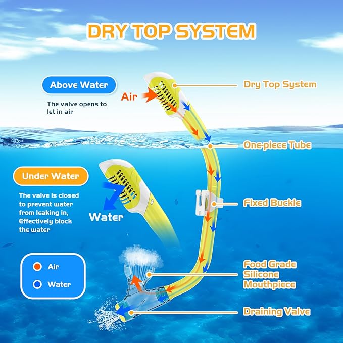 Snorkeling Gear, Dry Snorkel Set180° Panoramic Wide View,Anti-Fog Scuba Diving Mask, Professional Snorkeling Gear for Free Breathing, Swimming, Diving