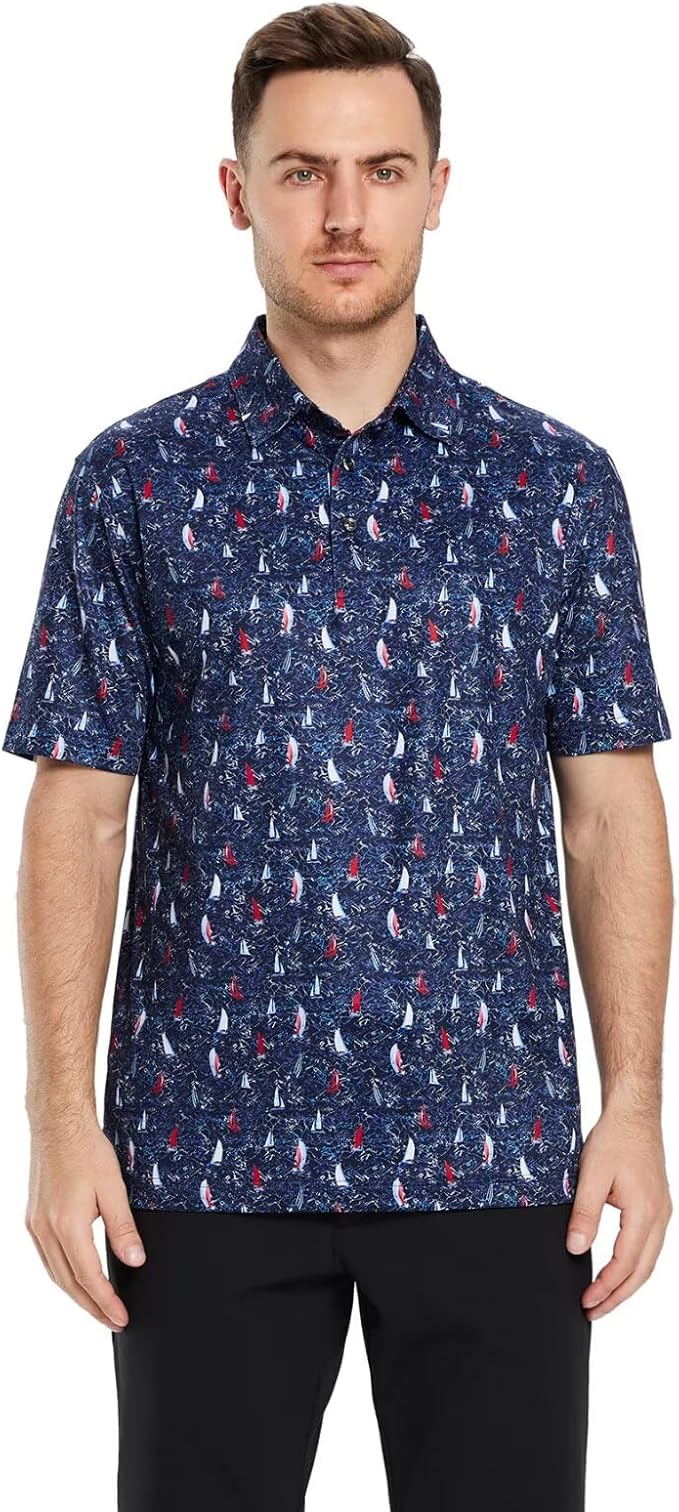 Men's Golf Polo Shirts Short Sleeve Striped Performance Moisture Wicking Dry Fit Golf Shirts for Men