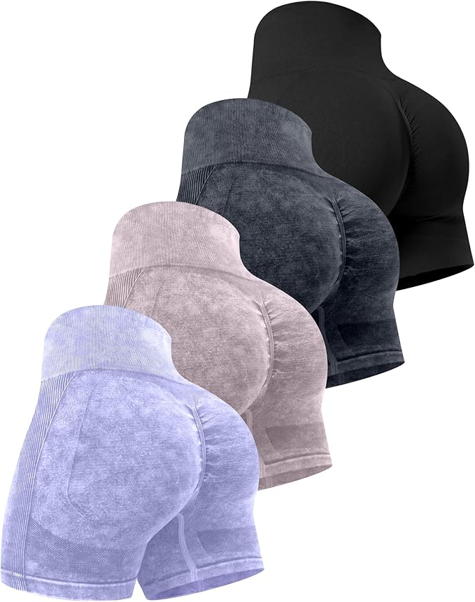 CHRLEISURE Women's 4 Packs Workout Gym Shorts, High Waisted Butt Lifting Scrunch Butt Seamless Booty Shorts