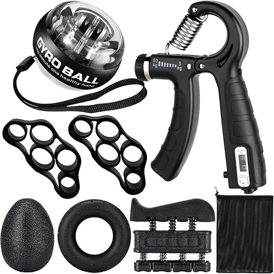 Hand Grip Strengthener Workout Kit (8 Pack) Forearm Grip Adjustable Resistance Hand Gripper, Finger Stretcher, Finger Exerciser, Grip Ring，Gyro Ball