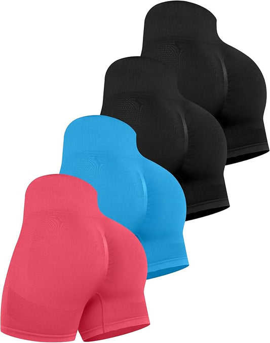 CHRLEISURE Women's 4 Packs Workout Gym Shorts, High Waisted Butt Lifting Scrunch Butt Seamless Booty Shorts