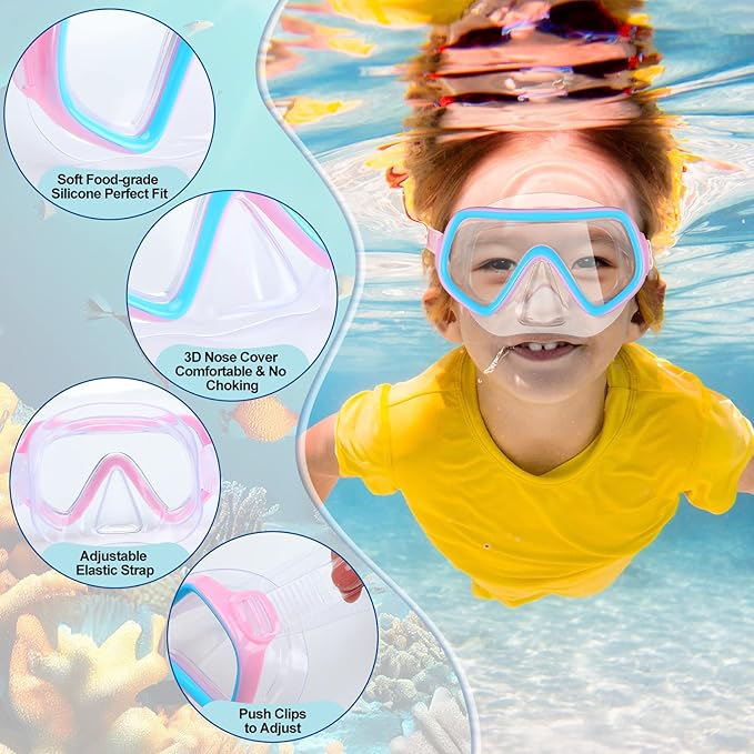 Hoolerry 4 Pcs Kids Nose Goggles Swim Goggles with Nose Cover for 3-8 Tempered Glass Snorkel Dive Mask Anti Fog with Elastic Strap No Leak Swimming Mask for Summer Diving Snorkeling