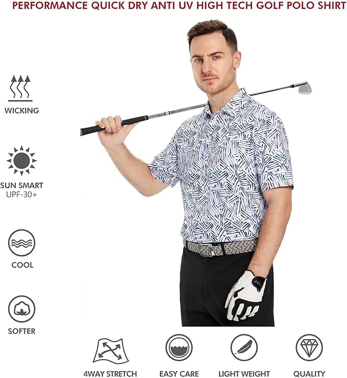 Men's Golf Polo Shirts Short Sleeve Striped Performance Moisture Wicking Dry Fit Golf Shirts for Men