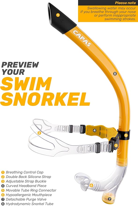 CAPAS Training Swim Snorkel for Lap Swimming, Swivel Headband Ultimate Fit Center-Mount Swimmers Snorkel with Liquid Silicone Mouthpiece Adjustable Strap, Designed for Adult Men Women