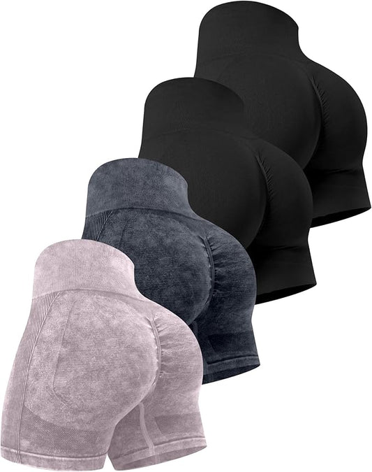 CHRLEISURE Women's 4 Packs Workout Gym Shorts, High Waisted Butt Lifting Scrunch Butt Seamless Booty Shorts