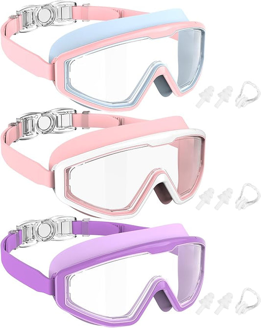 NSSIW Swim Goggles Swimming Kids-Goggles: Anti Fog No Leak with Nose Clip Earplugs for Girls Boys Youth 6-14 3 Pack