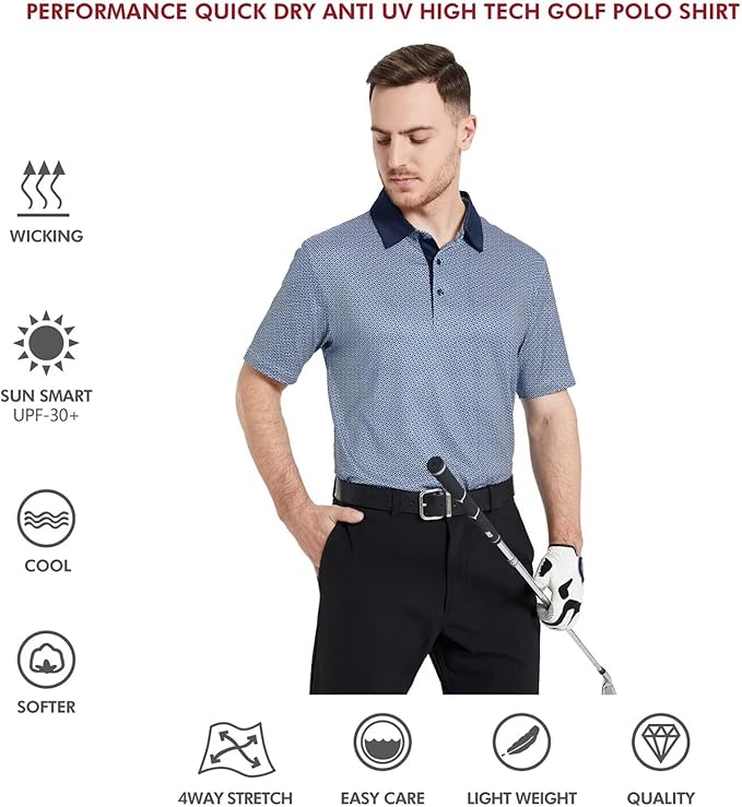 Men's Golf Polo Shirts Short Sleeve Striped Performance Moisture Wicking Dry Fit Golf Shirts for Men