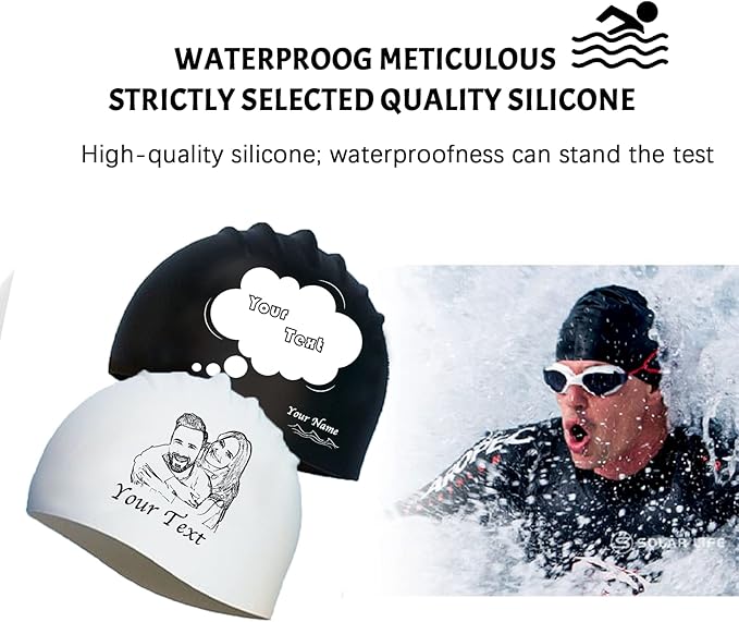 Custom Swim Cap with Photo Personalized Silicone Swim Cap for Men and Women Swimming Customized Swimmers Cap for Short and Medium Length Hair