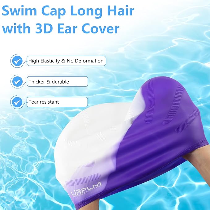Swim Cap Long Hair,Silicone Swimming Caps with 3D Ear Cover,Waterproof Adult Swim Hats Bathing Caps for Women Men,Keep Your Hair Dry