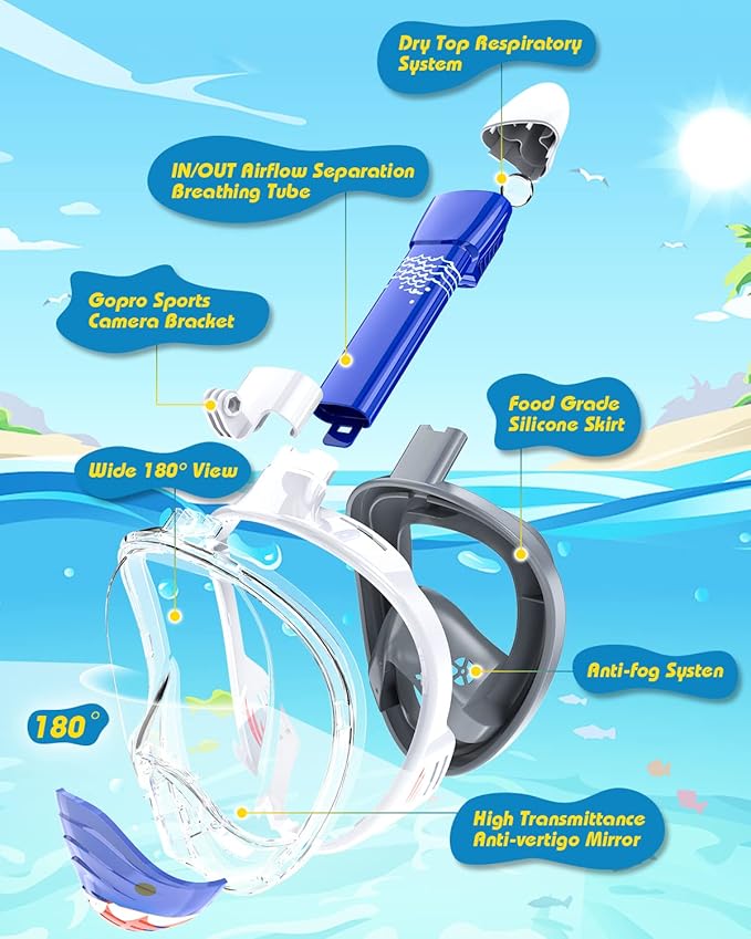 QingSong Kids Snorkel Mask Full Face, Snorkeling Set with Camera Mount, Foldable 180 Degree Panoramic View Snorkeling Gear Anti-Fog Anti-Leak