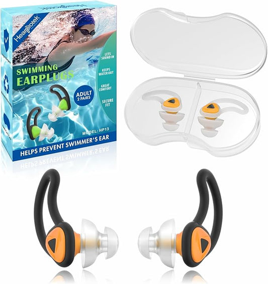 Hearprotek Ear Plugs for Swimming, [2 Pairs] Swim Ear Plugs Adults-Waterproof Silicone Water earplugs for Men Women Juniors Swimmers Pool Shower Bathing (Orange)