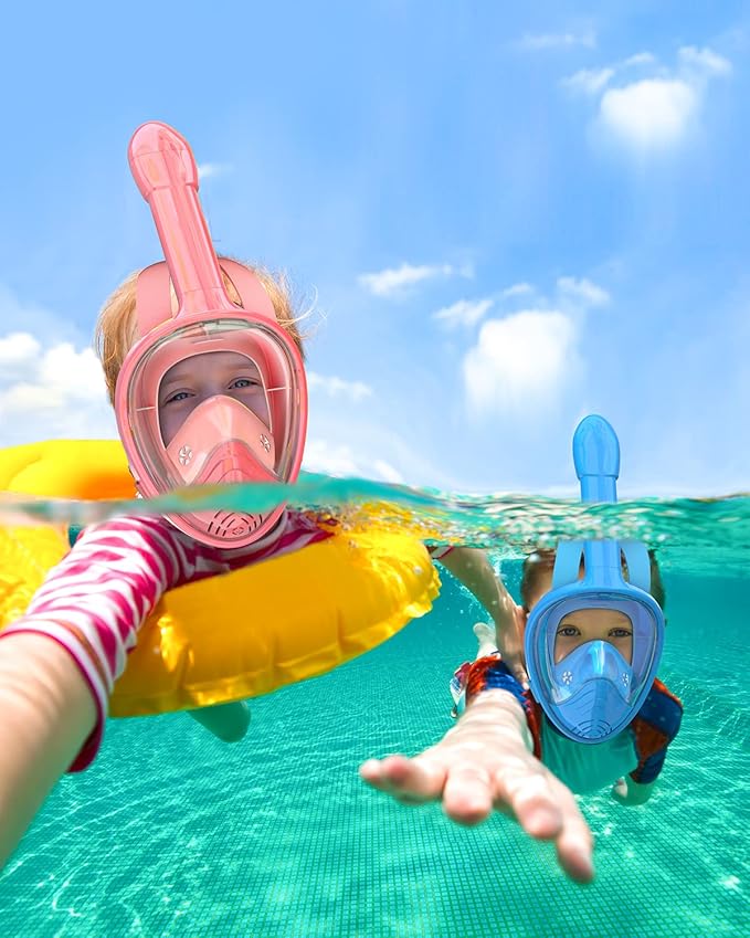QingSong Kids Snorkel Mask Full Face, Snorkeling Set with Camera Mount, Foldable 180 Degree Panoramic View Snorkeling Gear Anti-Fog Anti-Leak