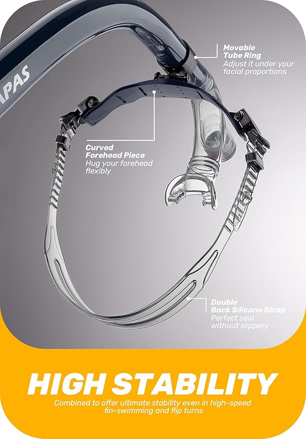 CAPAS Training Swim Snorkel for Lap Swimming, Swivel Headband Ultimate Fit Center-Mount Swimmers Snorkel with Liquid Silicone Mouthpiece Adjustable Strap, Designed for Adult Men Women