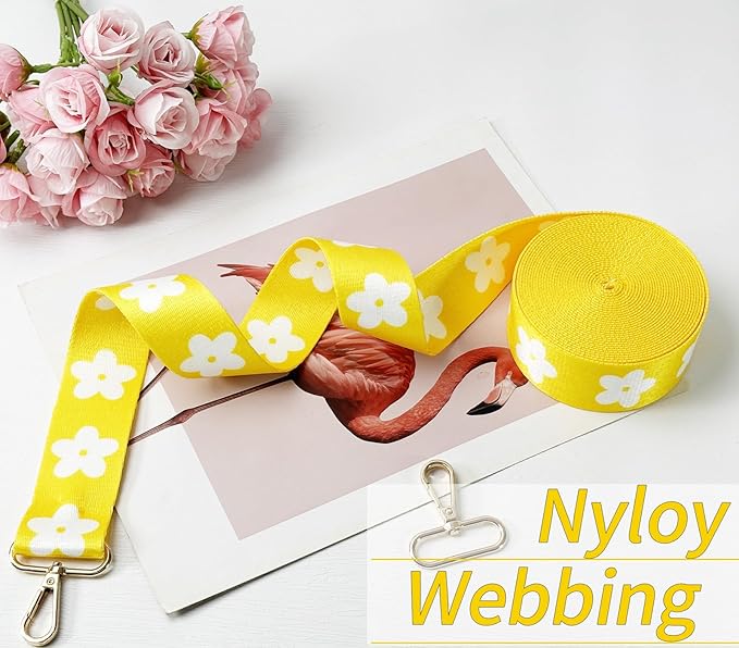 Printed Flower Nylon Webbing with Buckle 1 1/2 inch 6 Yards Yellow Heavy Duty Patterned Fabric Webbing Luggage Handle Jacquard Ribbon for Backpack Bags-Decorative Supplies-Clothing-Sewing-DIY Crafts