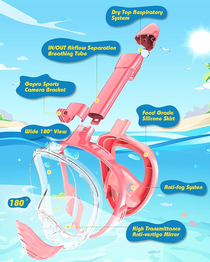 QingSong Kids Snorkel Mask Full Face, Snorkeling Set with Camera Mount, Foldable 180 Degree Panoramic View Snorkeling Gear Anti-Fog Anti-Leak