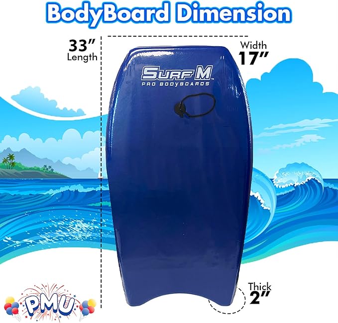 PMU 33 Inch Blue Bodyboard - Lightweight Wrist Leash, Slick Bottom Boards for Beach, Sea & Pool - Surfing Board for Kids, Teens & Adults Wave Conditions Pkg/1