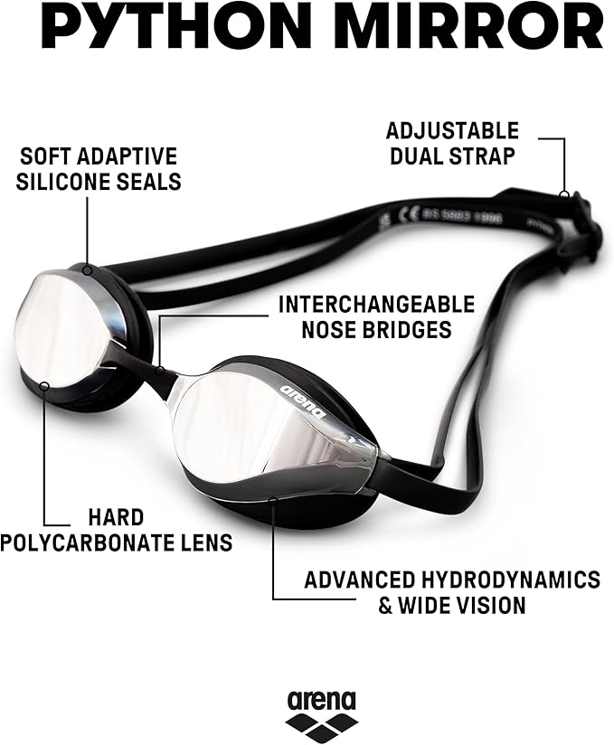ARENA Unisex Python Racing Swim Goggles for Men and Women Anti-Fog No Leak Max Comfort Dual Strap, Mirror/Non-Mirror Lens