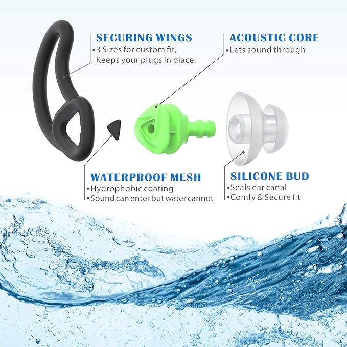 Hearprotek [2 Pairs] Ear Plugs for Swimming,Swim Ear Plugs Adults-Waterproof Silicone Water earplugs for Men Women Juniors Swimmers Pool Shower Bathing (Green)