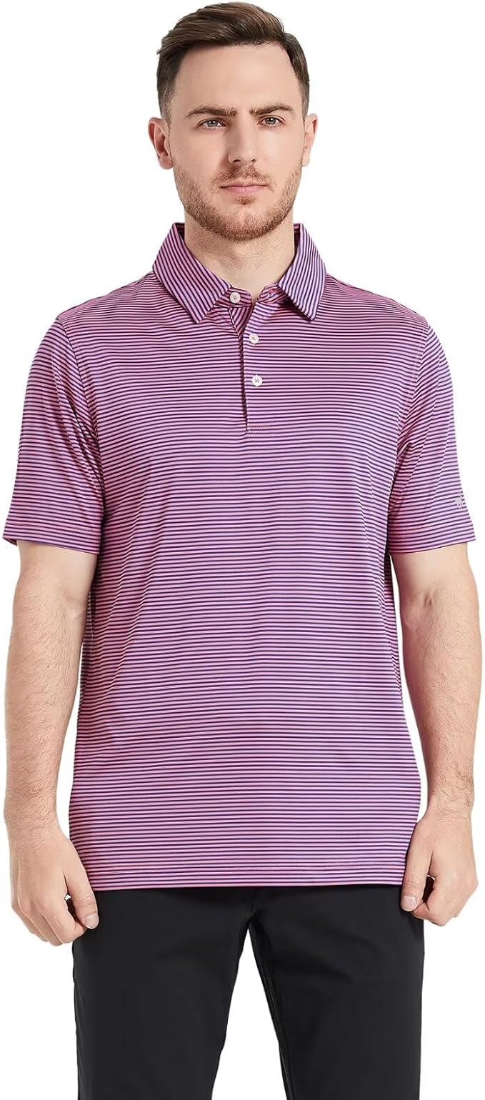 Mens Golf Shirt Moisture Wicking Dry Fit Performance Sport Short Sleeve Striped Golf Polo Shirts for Men