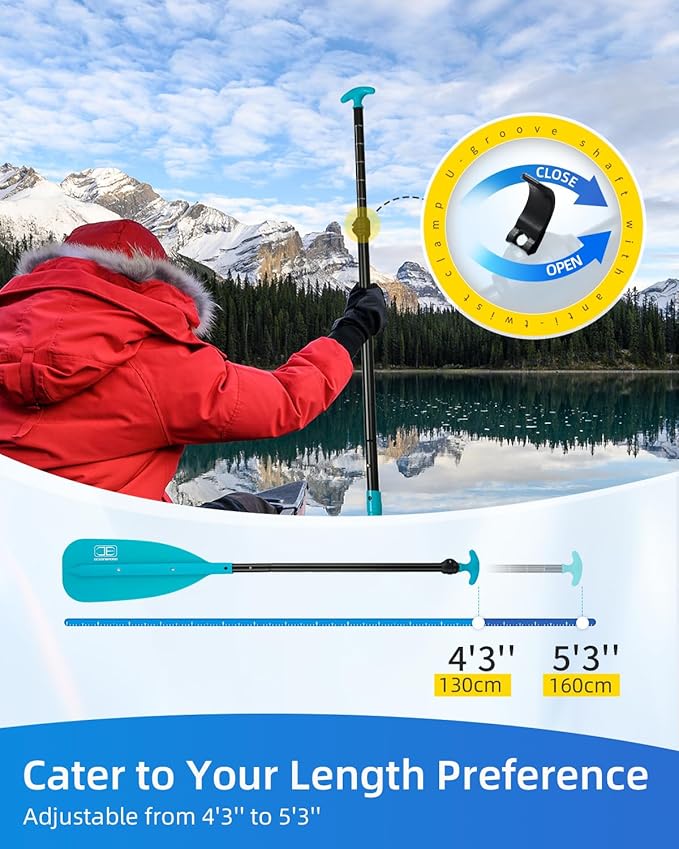 OCEANBROAD Canoe Paddle, Adjustable from 4'3''to 5'3''/130cm to 160cm Aluminum Shaft with Plastic Blade for Canoeing Boating Kayaking, 3-Piece Floatable Oar