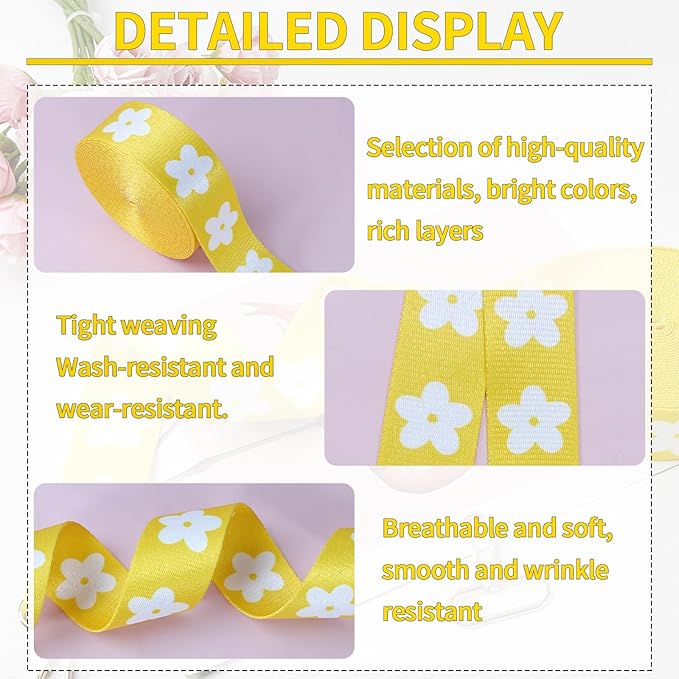 Printed Flower Nylon Webbing with Buckle 1 1/2 inch 6 Yards Yellow Heavy Duty Patterned Fabric Webbing Luggage Handle Jacquard Ribbon for Backpack Bags-Decorative Supplies-Clothing-Sewing-DIY Crafts