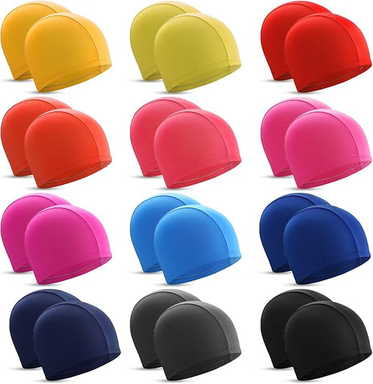 Bonuci 24 Pieces Cloth Elastic Swim Cap Bulk Comfortable Fabric Swimming Hat Elasticity Swimming Pool Cap Lightweight Bathing Caps for Women Men Kids Unisex, Not Waterproof