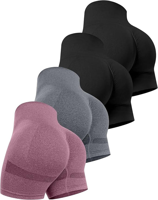 CHRLEISURE Women's 4 Packs Workout Gym Shorts, High Waisted Butt Lifting Scrunch Butt Seamless Booty Shorts