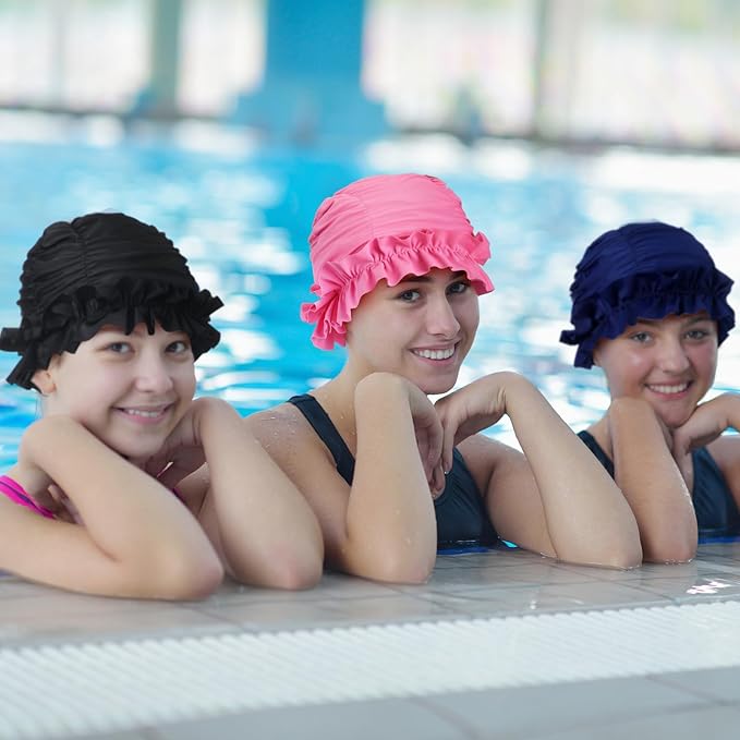 Soulchen 3 Pcs Swim Cap Women Adult with Ruffled Edges Nylon Cloth Swimming Cap for Women Bathing Hats Swim Turban Waterproof Swimming Hat
