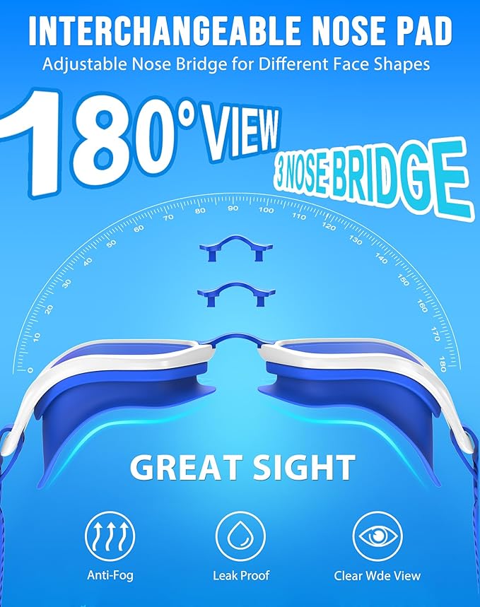 Swim Goggles, Unisex Adult Swimming Goggles Anti Fog Anti UV No Leakage Wide View for Men Women Youth