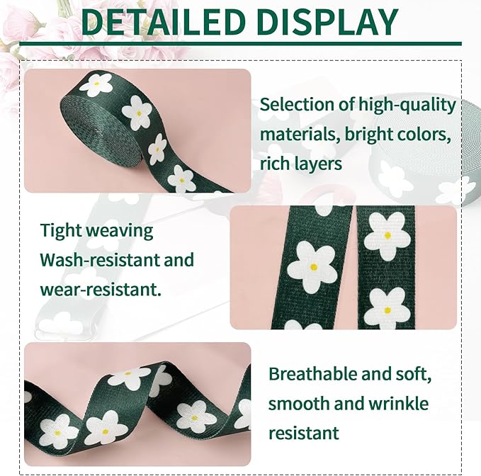 Printed Flower Nylon Webbing with Buckle 1 1/2 inch 6 Yards Deep Green Thick Patterned Fabric Webbing Luggage Handle Jacquard Ribbon for Backpack Bags-Seatbelt-Clothing-Sewing-DIY Crafts & Projects