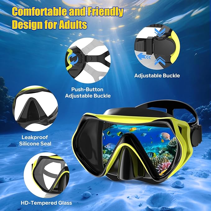 Snorkeling Gear, Dry Snorkel Set180° Panoramic Wide View,Anti-Fog Scuba Diving Mask, Professional Snorkeling Gear for Free Breathing, Swimming, Diving