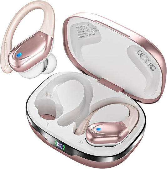 Wireless Earbuds, Sports Bluetooth Headphones, 80Hrs Playtime Ear Buds with LED Power Display, Noise Canceling Headset, IPX7 Waterproof Earphones for Workout/Running (Rose Gold)