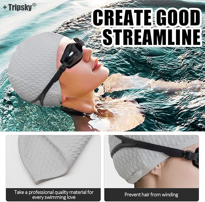 Tripsky Silicone Swim Cap,Comfortable Bathing Cap Ideal for Curly Short Medium Long Hair, Swimming Cap for Women and Men, Shower Caps Keep Hairstyle Unchanged…