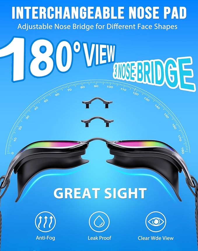 Swim Goggles, Unisex Adult Swimming Goggles Anti Fog Anti UV No Leakage Wide View for Men Women Youth