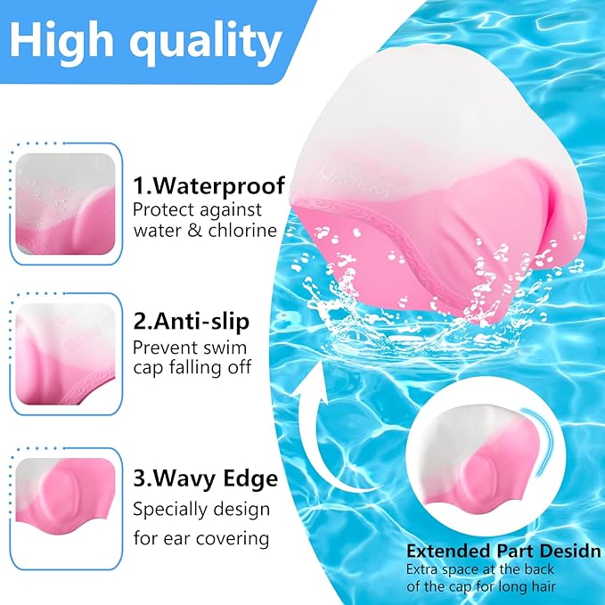 Swim Cap Long Hair,Silicone Swimming Caps with 3D Ear Cover,Waterproof Adult Swim Hats Bathing Caps for Women Men,Keep Your Hair Dry