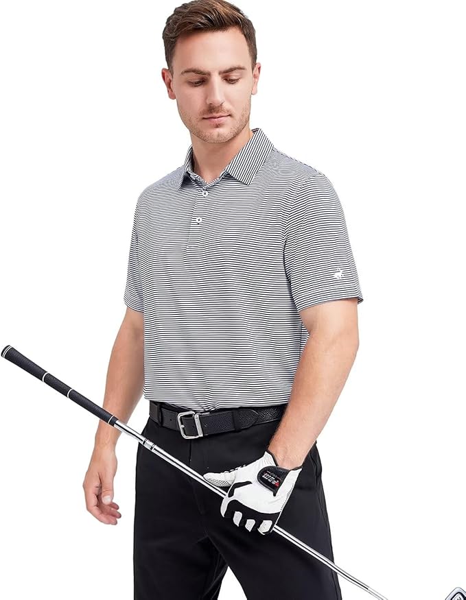 Mens Golf Shirt Moisture Wicking Dry Fit Performance Sport Short Sleeve Striped Golf Polo Shirts for Men