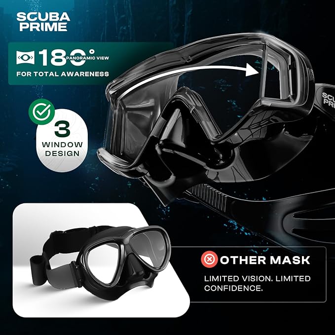 Pano 3 Scuba Diving Mask, Tempered Glass Snorkel Mask Three-Window Scuba Mask No-Leak Dive Mask Silicone Skirt Diving Mask for Snorkeling and Scuba Use