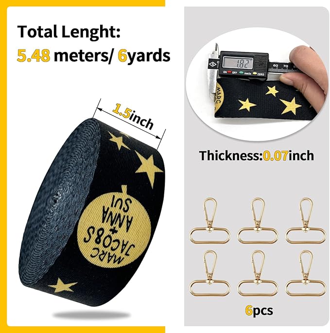 Printed Star Nylon Webbing 1 1/2 inch 6 Yards Heavy Duty Patterned Black Fabric Webbing Luggage Handle Jacquard Ribbon for Backpack Bags-Decorative Supplies-Clothing-Sewing-DIY Crafts & Projects