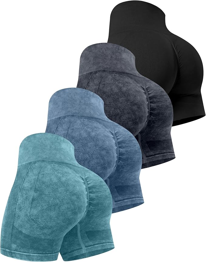 CHRLEISURE Women's 4 Packs Workout Gym Shorts, High Waisted Butt Lifting Scrunch Butt Seamless Booty Shorts