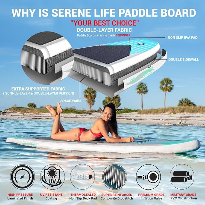SereneLife Inflatable Stand Up Paddle Board with Premium SUP Accessories – Wide Stable Design with Non-Slip EVA Deck Pad for Adults and Youth of All Skill Levels