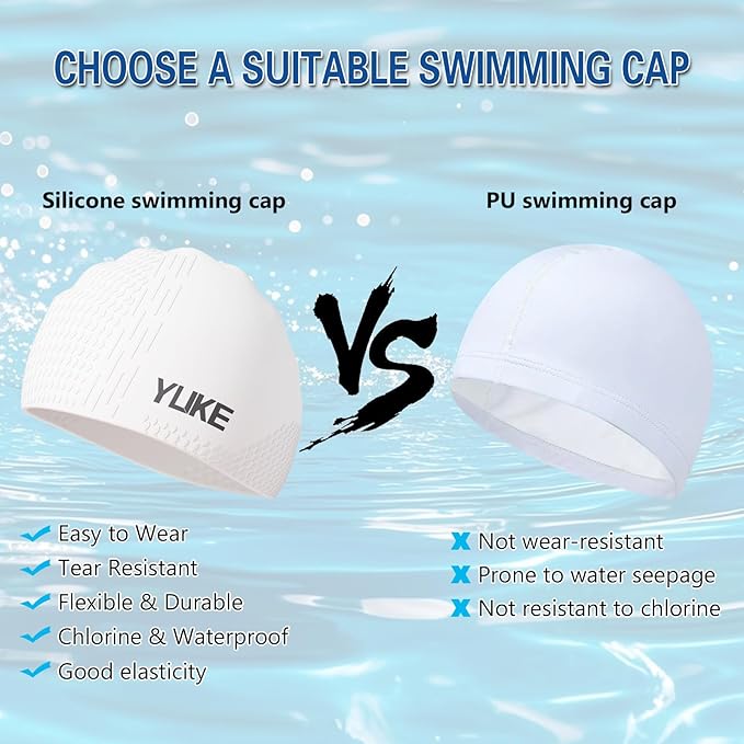 Silicone Swim Cap for Long Hair Adults Women Men, Waterproof Stretchy Swimming Caps, Durable Tear Resistant Bathing Cap