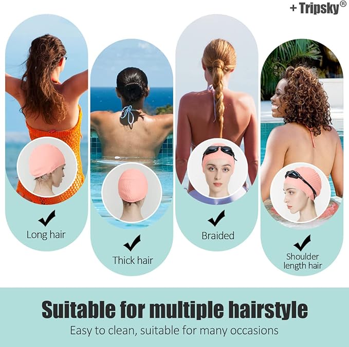 Tripsky Silicone Swim Cap,Comfortable Bathing Cap Ideal for Curly Short Medium Long Hair, Swimming Cap for Women and Men, Shower Caps Keep Hairstyle Unchanged…