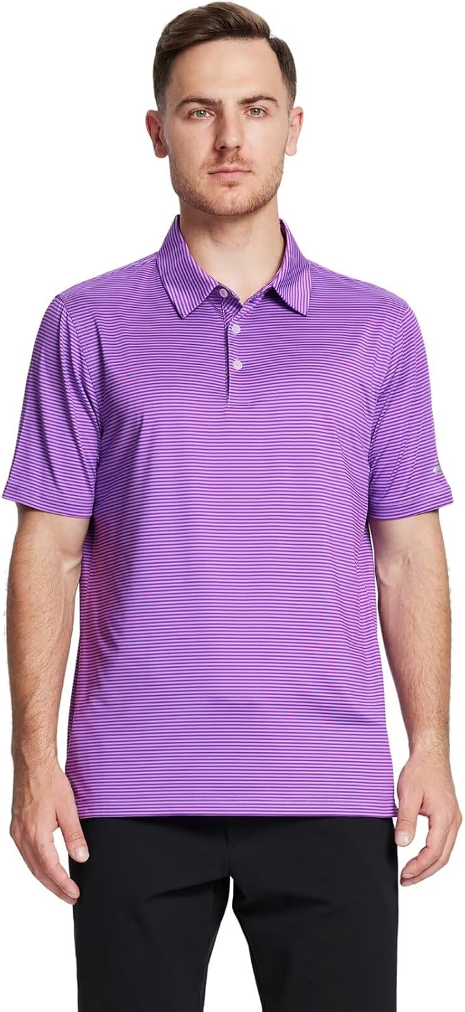 Mens Golf Shirt Moisture Wicking Dry Fit Performance Sport Short Sleeve Striped Golf Polo Shirts for Men