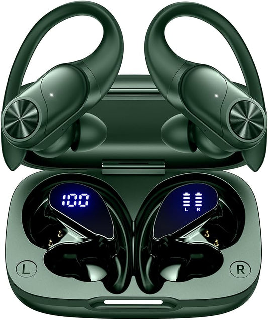 PocBuds Bluetooth Headphones Wireless Earbuds 80hrs Playtime Wireless Charging Case Digital Display Sports Ear Buds with Earhook Deep Bass IPX7 Waterproof Over-Ear Earphones for TV Phone Laptop Olive