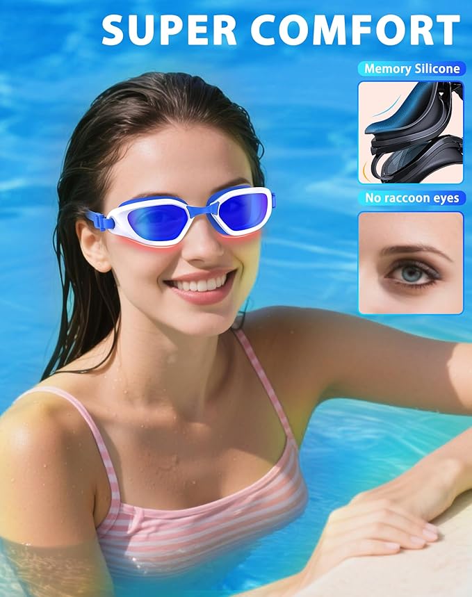 Swim Goggles, Unisex Adult Swimming Goggles Anti Fog Anti UV No Leakage Wide View for Men Women Youth